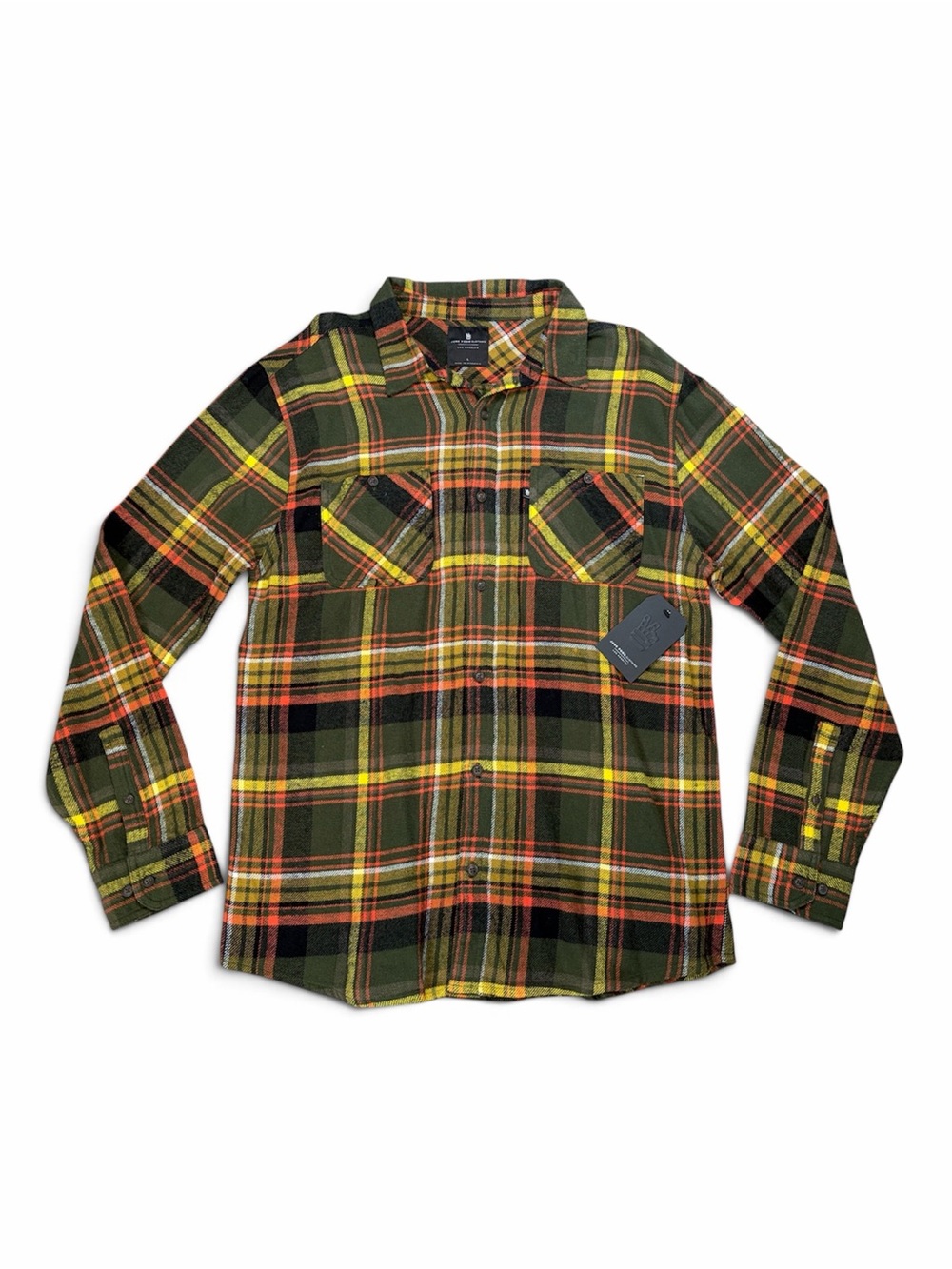 Junk Food Peter Plaid Flannel Shirt Men’s Large Green Orange Cotton NWT